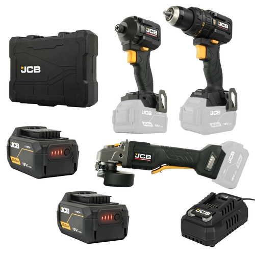 JCB Professional 18V 3 Piece Kit Drill + Impact Driver + 125mm Angle Grinder - JCB-18BPKIT-7