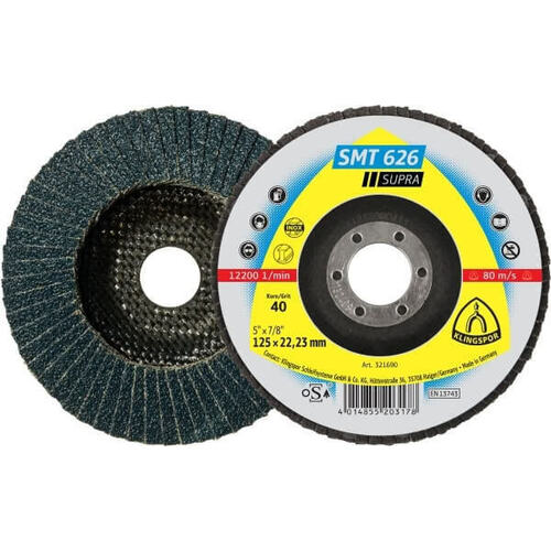 10 Pack- Klingspor Zirconia 6-Degree 125mm x 22.23mm Flap Disc Supra - Stainless Steel SMT626